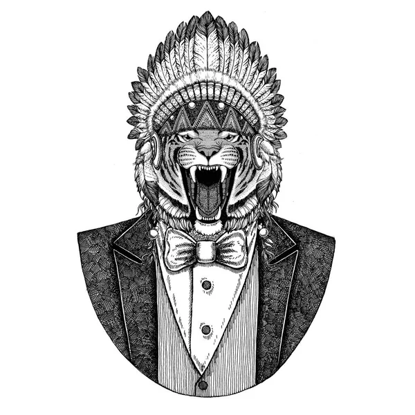 Vahşi Kaplan vahşi hayvan giyen inidan şapka, kafa tüyleri ile dövme, t-shirt, amblem, rozet, logo, yama için el çekilmiş resmi elbise