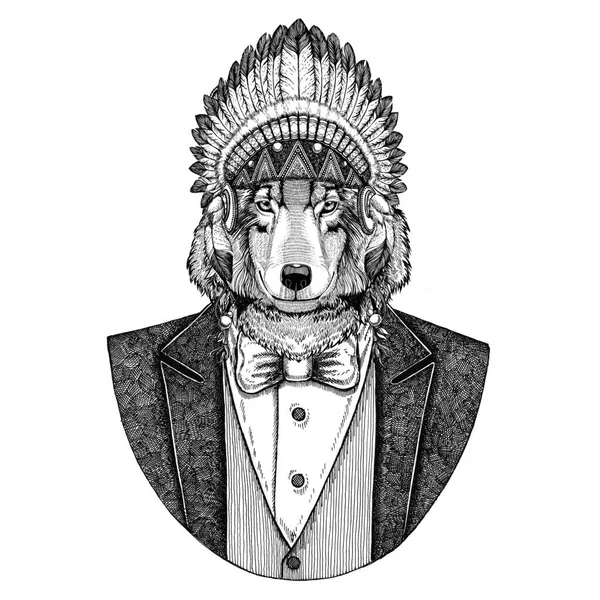 Kurt köpek vahşi hayvan giyen inidan şapka, kafa tüyleri el çizilmiş resim dövme, t-shirt, amblem, rozet, logo, yama ile elbise