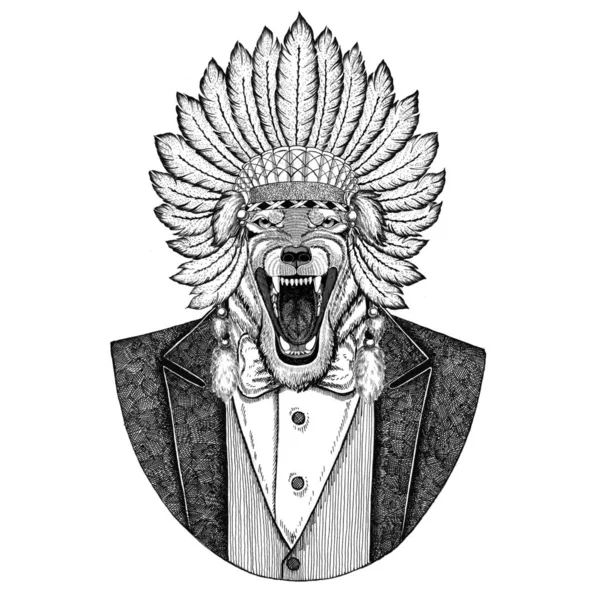 Kurt köpek vahşi hayvan giyen inidan şapka, kafa tüyleri el çizilmiş resim dövme, t-shirt, amblem, rozet, logo, yama ile elbise