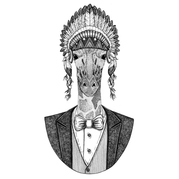 Yama camelopard, zürafa vahşi hayvan inidan şapka, dövme, t-shirt, amblem, rozet, logo, tüyler el çekilmiş görüntüsü ile baş elbise