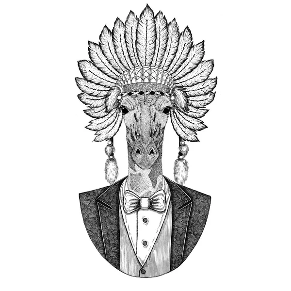 Yama camelopard, zürafa vahşi hayvan inidan şapka, dövme, t-shirt, amblem, rozet, logo, tüyler el çekilmiş görüntüsü ile baş elbise