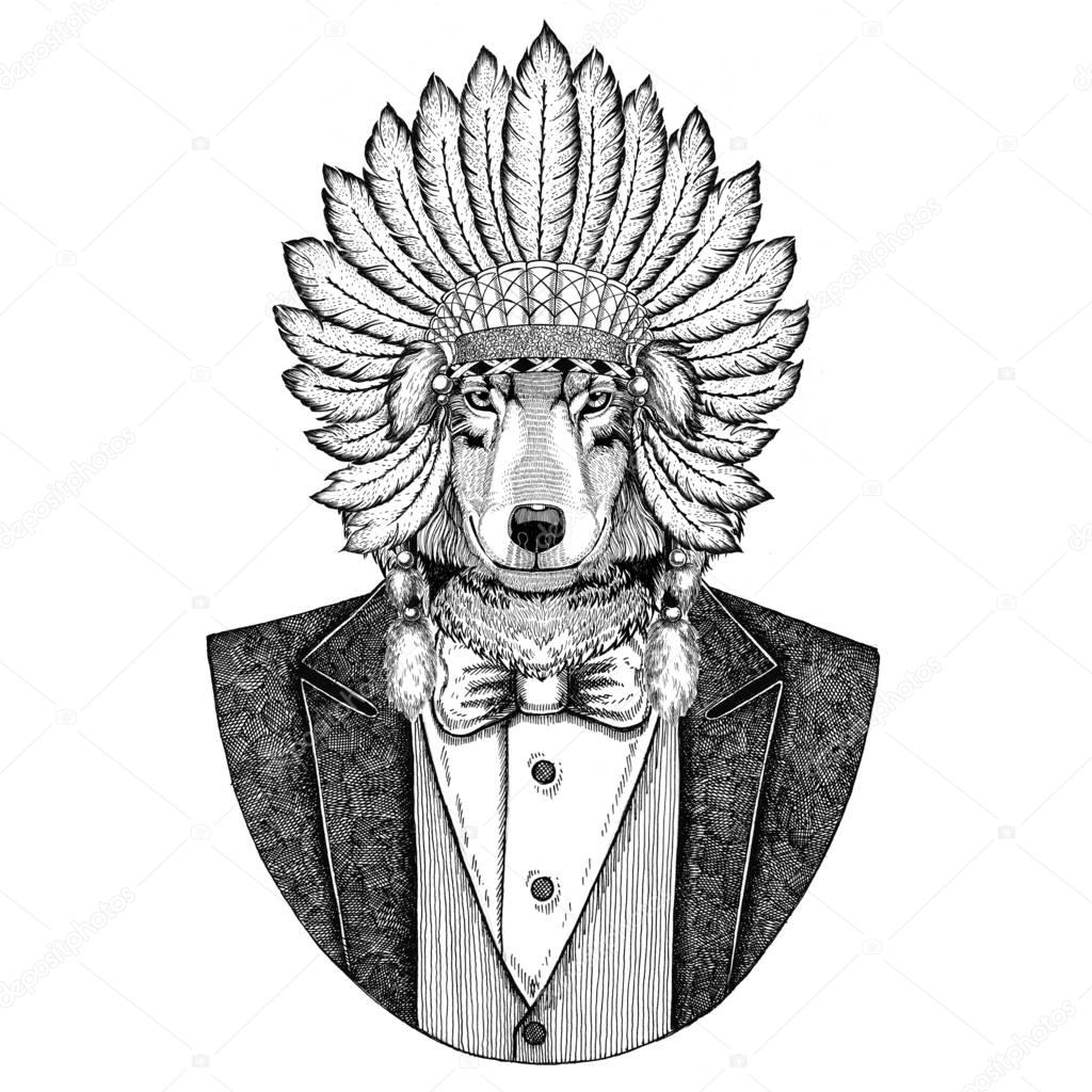 Wild animal wearing inidan hat, head dress with feathers Hand drawn image for tattoo, t-shirt, emblem, badge, logo, patch