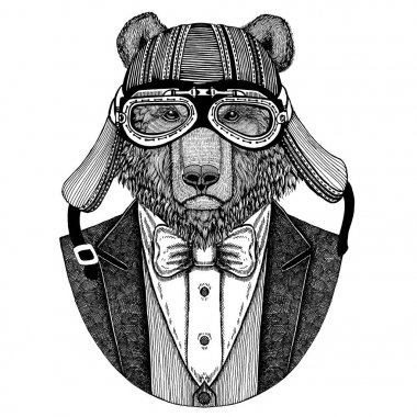Boz ayı. Rus ayısı. Papyon ve motosiklet kask ya da aviatior kask ile ceket hayvan. Şık motorcu, motosiklet binici. El dövme, t-shirt, amblem, rozet, logo, yama için resim çekilmiş