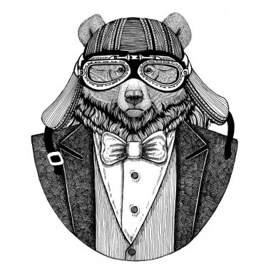 Kuzey Amerika boz ayısı büyük vahşi ayı hayvan giyen ceketle papyon ve motosiklet kask ya da aviatior kask. Şık motorcu, motosiklet binici, havacı. Dövme, t-shirt, amblem, rozet, logo, yama için görüntü