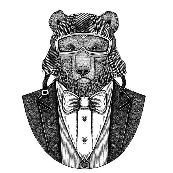 Braunbär. Russischer Bär. Tier trägt Jacke mit Fliege und Fahrradhelm oder Fliegerhelm. eleganter Biker, Motorradfahrer. Handgezeichnetes Bild für Tätowierung, T-Shirt, Emblem, Abzeichen, Logo, Aufnäher — Stockfoto