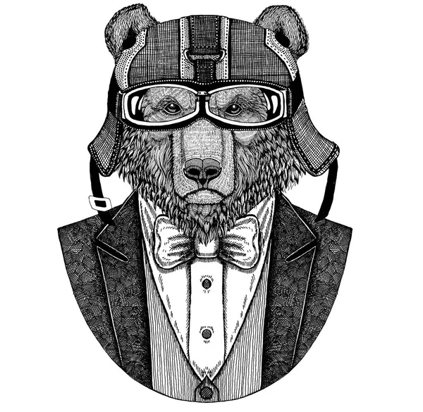 Braunbär. Russischer Bär. Tier trägt Jacke mit Fliege und Fahrradhelm oder Fliegerhelm. eleganter Biker, Motorradfahrer. Handgezeichnetes Bild für Tätowierung, T-Shirt, Emblem, Abzeichen, Logo, Aufnäher — Stockfoto