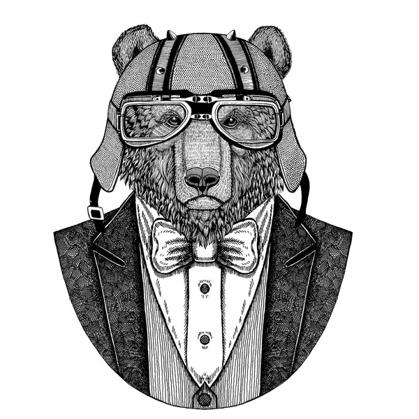 Urso castanho. Urso russo. Revestimento animal com gravata borboleta e capacete motociclista ou capacete aviador. Motociclista elegante, motociclista. Imagem desenhada à mão para tatuagem, t-shirt, emblema, emblema, logotipo, patch — Fotografia de Stock