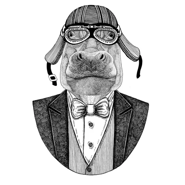 Hippo, behemoth, rivier-paard dier vest met ' bow-tie en biker helm of aviatior helm dragen. Elegante biker, motorrijder. Hand getekend afbeelding voor tattoo, t-shirt, emblemen, badge, logo, patch — Stockfoto