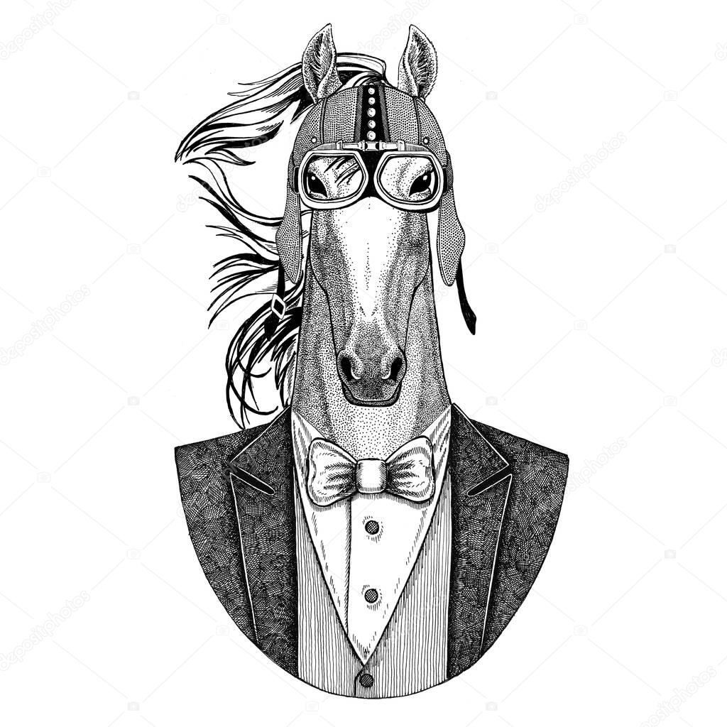 Horse, hoss, knight, steed, courser. Jacket with bow-tie and biker helmet or aviatior helmet. Elegant biker, motorcycle rider, aviator. Image for tattoo, t-shirt, emblem, badges logo patches