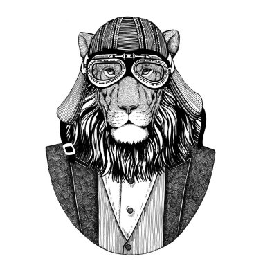 Vahşi kedi. Aslan. Papyon ve motosiklet kask ya da aviatior kask ile ceket hayvan. Şık motorcu, motosiklet binici, havacı. Dövme, t-shirt, amblem, rozet, logo, yama için görüntü