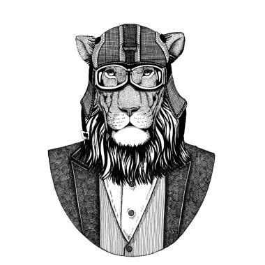 Vahşi kedi. Aslan. Papyon ve motosiklet kask ya da aviatior kask ile ceket hayvan. Şık motorcu, motosiklet binici, havacı. Dövme, t-shirt, amblem, rozet, logo, yama için görüntü