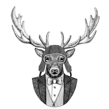 Geyik hayvan papyon ve motosiklet kask ya da aviatior kask ile ceket giyiyor. Şık motorcu, motosiklet binici, havacı. Dövme, t-shirt, amblem, rozet, logo, yama için görüntü