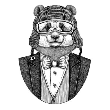 Ayı Panda, bambu ayı papyon ve motosiklet kask ya da aviatior kask ile ceket giyiyor. Şık motorcu, motosiklet binici, havacı. Dövme, t-shirt, amblem, rozet, logo, yamalar için görüntü