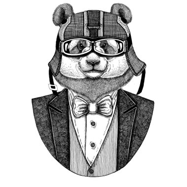 Ayı Panda, bambu ayı papyon ve motosiklet kask ya da aviatior kask ile ceket giyiyor. Şık motorcu, motosiklet binici, havacı. Dövme, t-shirt, amblem, rozet, logo, yamalar için görüntü