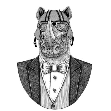 Gergedan, gergedan hayvan giyen ceketle papyon ve motosiklet kask ya da aviatior kask. Şık motorcu, motosiklet binici, havacı. Dövme, t-shirt, amblem, rozet, logo, yamalar için görüntü