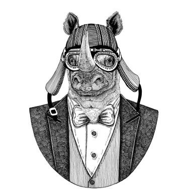 Gergedan, gergedan hayvan giyen ceketle papyon ve motosiklet kask ya da aviatior kask. Şık motorcu, motosiklet binici, havacı. Dövme, t-shirt, amblem, rozet, logo, yamalar için görüntü