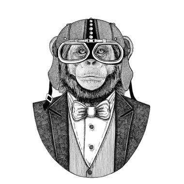 Şempanze maymun hayvan papyon ve motosiklet kask ya da aviatior kask ile ceket giyiyor. Şık motorcu, motosiklet binici, havacı. Dövme, t-shirt, amblem, rozet, logo, yamalar için görüntü