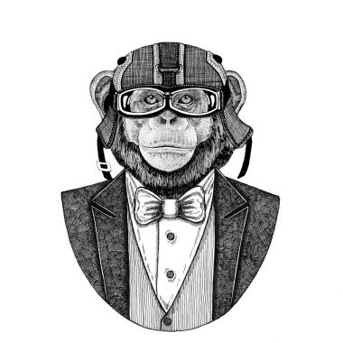 Şempanze maymun hayvan papyon ve motosiklet kask ya da aviatior kask ile ceket giyiyor. Şık motorcu, motosiklet binici, havacı. Dövme, t-shirt, amblem, rozet, logo, yamalar için görüntü