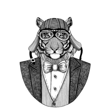 Vahşi Kaplan papyon ve motosiklet kask ya da aviatior kask ile hayvan giyen ceket. Şık motorcu, motosiklet binici, havacı. Dövme, t-shirt, amblem, rozet, logo, yamalar için görüntü