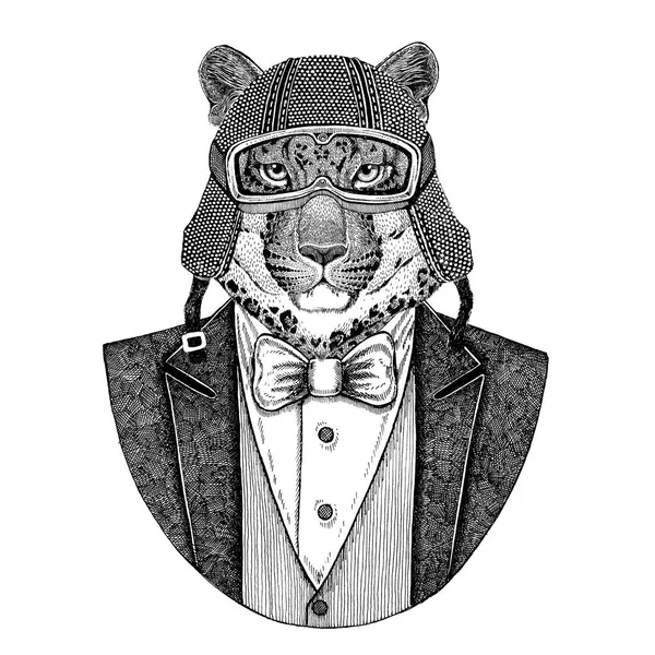 Άγρια γάτα λεοπάρδαλη πάνθηρας φορώντας μπουφάν με παπιγιόν και ποδηλάτης κράνος ή aviatior κράνος. Κομψό ποδηλάτης, μοτοσικλέτα αναβάτη, αεροπόρος. Εικόνας για τατουάζ, t-shirt, έμβλημα, σήμα, λογότυπο, patch — Φωτογραφία Αρχείου