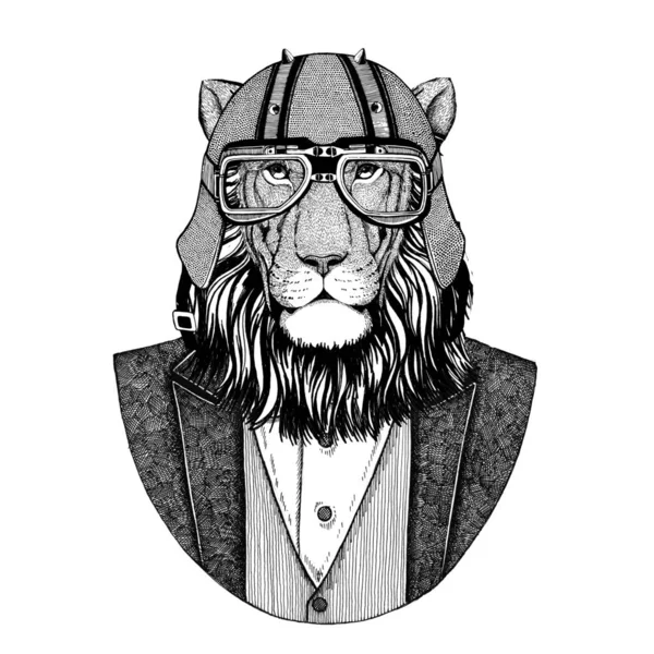 Wild cat. Lion. Animal wearing jacket with bow-tie and biker helmet or aviatior helmet. Elegant biker, motorcycle rider, aviator. Image for tattoo, t-shirt, emblem, badge, logo, patch — Stock Photo, Image