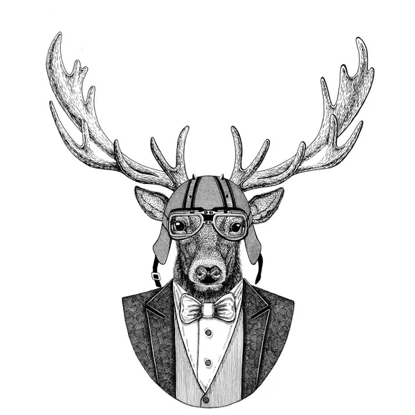 Deer Animal wearing jacket with bow-tie and biker helmet or aviatior helmet. Elegant biker, motorcycle rider, aviator. Image for tattoo, t-shirt, emblem, badge, logo, patch — Stock Photo, Image