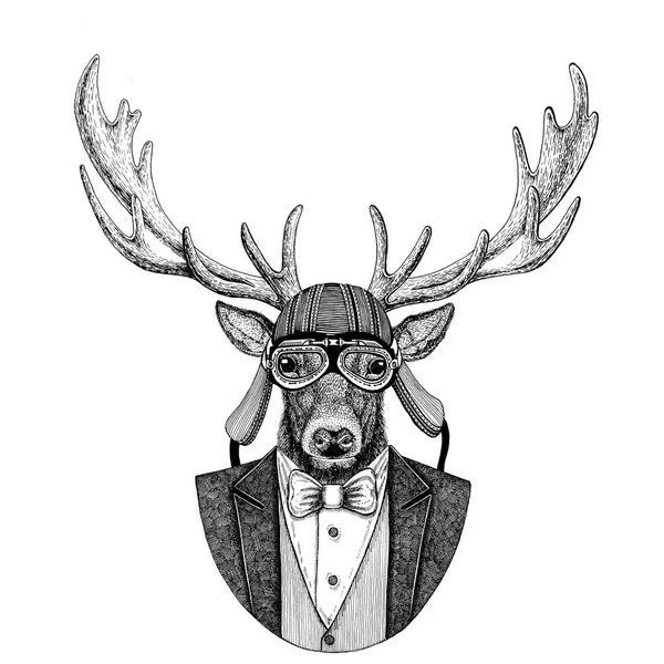 Deer Animal wearing jacket with bow-tie and biker helmet or aviatior helmet. Elegant biker, motorcycle rider, aviator. Image for tattoo, t-shirt, emblem, badge, logo, patch — Stock Photo, Image