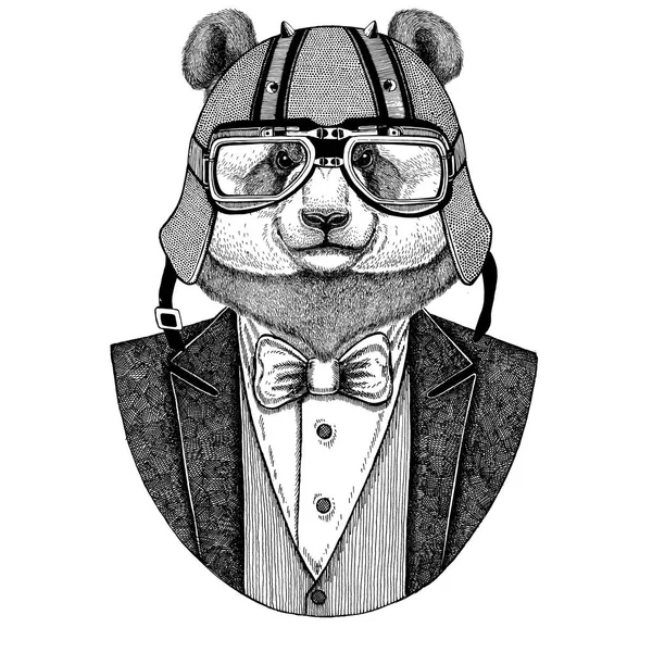 Ayı Panda, bambu ayı papyon ve motosiklet kask ya da aviatior kask ile ceket giyiyor. Şık motorcu, motosiklet binici, havacı. Dövme, t-shirt, amblem, rozet, logo, yamalar için görüntü