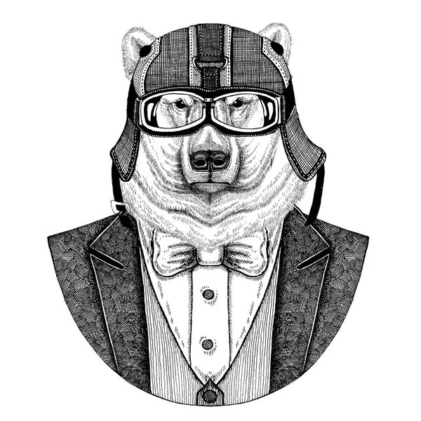 Polar bear Hand drawn Animal wearing jacket with bow-tie and biker helmet or aviatior helmet. Elegant biker, motorcycle rider, aviator. Image for tattoo, t-shirt, emblem, badge, logo, patches — Stock Photo, Image