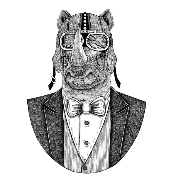 Gergedan, gergedan hayvan giyen ceketle papyon ve motosiklet kask ya da aviatior kask. Şık motorcu, motosiklet binici, havacı. Dövme, t-shirt, amblem, rozet, logo, yamalar için görüntü