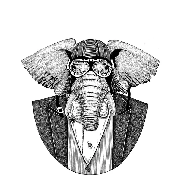 African or indian Elephant Animal wearing jacket with bow-tie and biker helmet or aviatior helmet. Elegant biker, motorcycle rider, aviator. Image for tattoo, t-shirt, emblem, badge, logo, patch — Stock Photo, Image