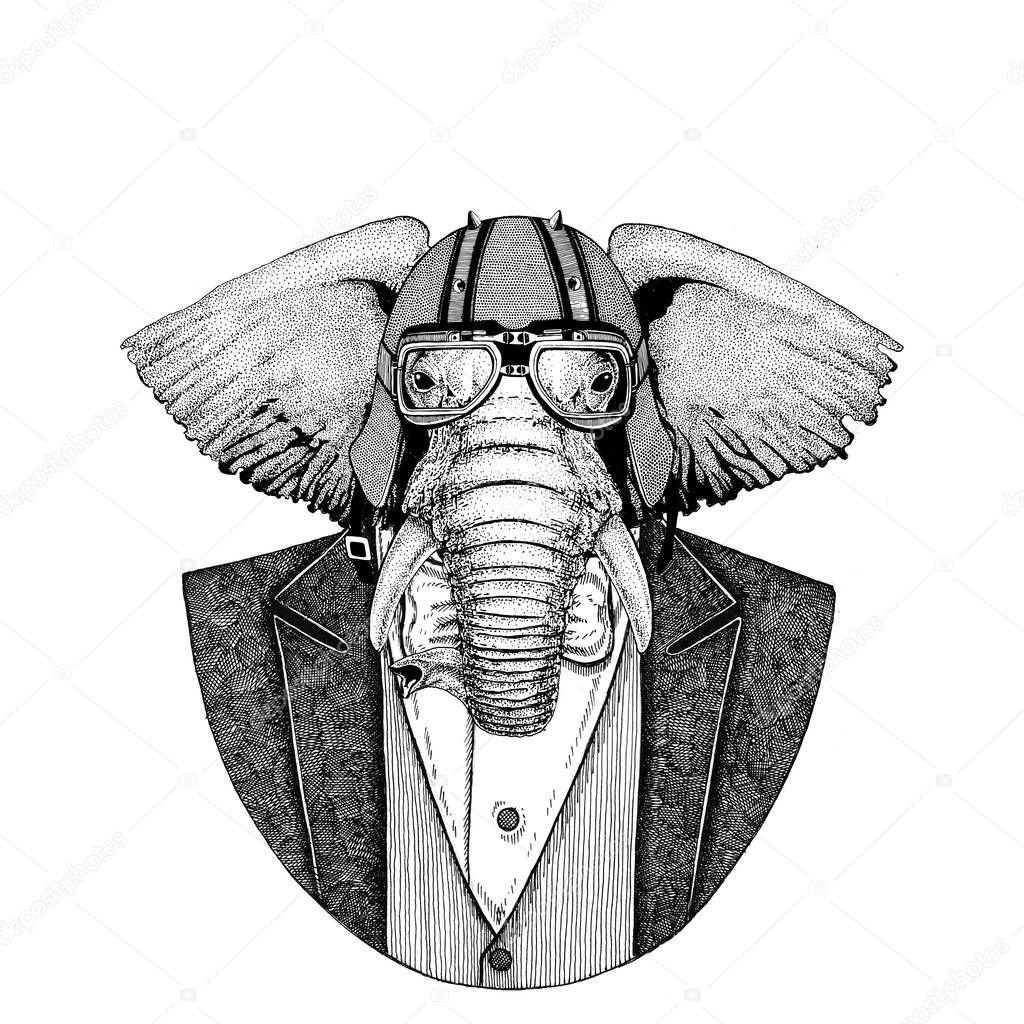 African or indian Elephant Animal wearing jacket with bow-tie and biker helmet or aviatior helmet. Elegant biker, motorcycle rider, aviator. Image for tattoo, t-shirt, emblem, badge, logo, patch