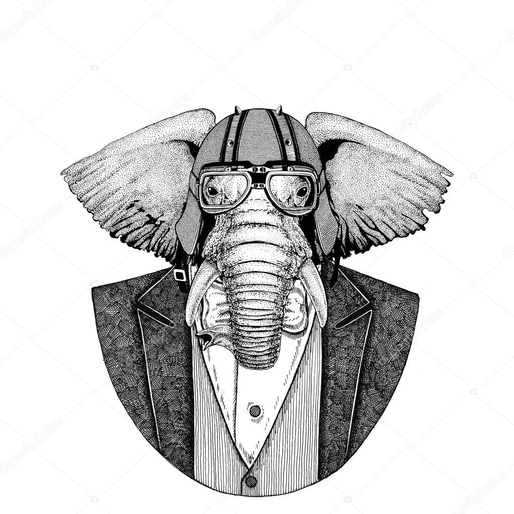 African or indian Elephant Animal wearing jacket with bow-tie and biker helmet or aviatior helmet. Elegant biker, motorcycle rider, aviator. Image for tattoo, t-shirt, emblem, badge, logo, patches