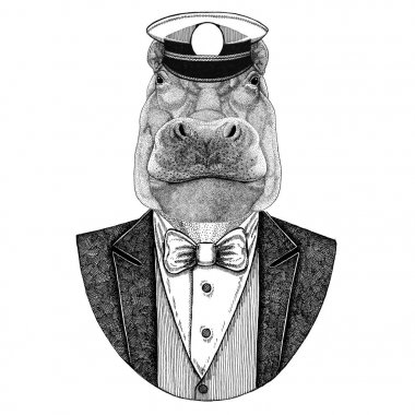 Su aygırı, su aygırı, behemoth, nehir-at hayvan giyen ceketle papyon ve capitans bitkin kap zarif denizci, Deniz Kuvvetleri, capitan, korsan. Dövme, t-shirt, amblem, rozet, logo, yamalar için görüntü