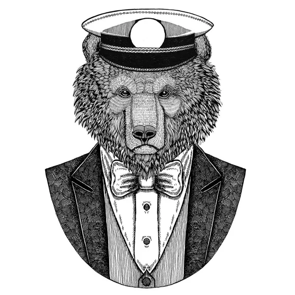 Bruine beer Russisch bear dieren dragen vest met ' bow-tie en capitans piek cap elegante matroos, Marine, capitan, piraat. Afbeelding voor tattoo, t-shirt, embleem, badge, embleem, patches — Stockfoto