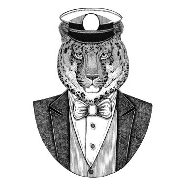 Vahşi kedi leopar kedi-o-dağ Panter'in hayvan giyen papyon ve capitans bitkin kap zarif denizci, Deniz Kuvvetleri, capitan, korsan ile ceket. Dövme, t-shirt, amblem, rozet, logo, yamalar için görüntü