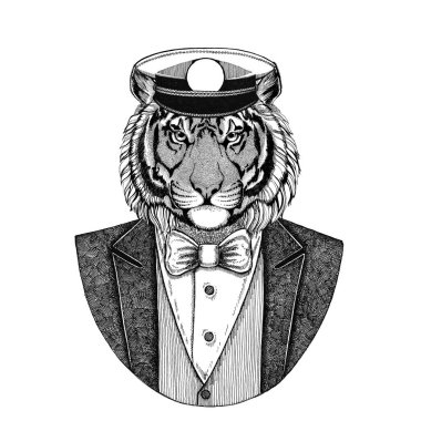 Vahşi Kaplan papyon ve capitans hayvan giyen ceketle kap zarif denizci, Deniz Kuvvetleri, capitan, korsan kadar yükseldi. Dövme, t-shirt, amblem, rozet, logo, yamalar için görüntü