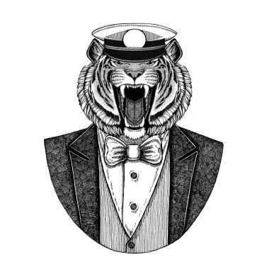 Vahşi Kaplan papyon ve capitans hayvan giyen ceketle kap zarif denizci, Deniz Kuvvetleri, capitan, korsan kadar yükseldi. Dövme, t-shirt, amblem, rozet, logo, yamalar için görüntü