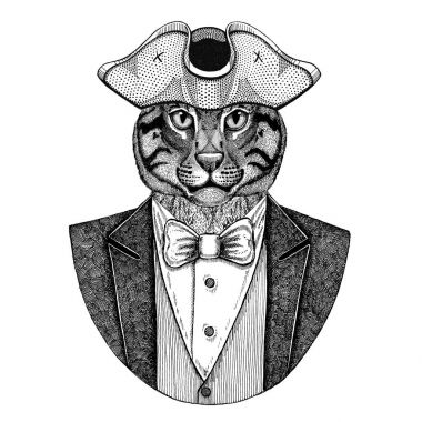 Vahşi kedi balıkçı kedi hayvan giyen tanınmaz, tricorn el çizilmiş resim dövme, t-shirt, amblem, rozet, logosu için yamalar
