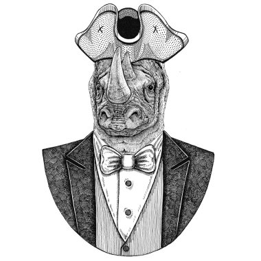 Gergedan, gergedan hayvan giyen tanınmaz, tricorn el çizilmiş resim dövme, t-shirt, amblem, rozet, logosu için yamalar