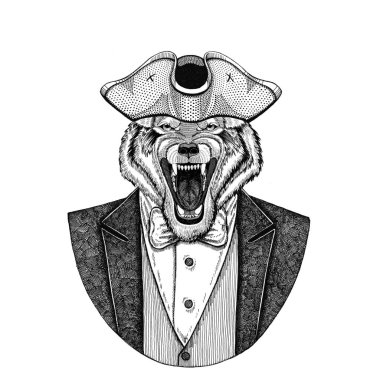 Kurt, köpek hayvan giyen tanınmaz, tricorn el çizilmiş resim dövme, t-shirt, amblem, rozet, logosu için yamalar