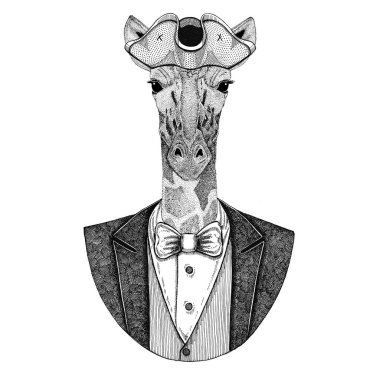 Camelopard, zürafa hayvan giyen tanınmaz, tricorn el çizilmiş resim dövme, t-shirt, amblem, rozet, logosu için yamalar