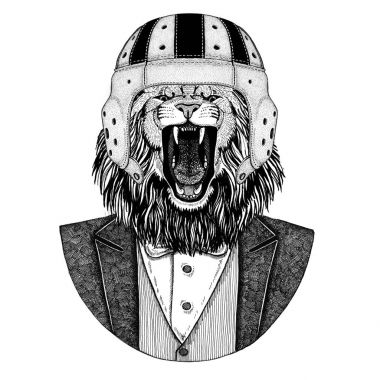 Aslan zarif rugby oyuncusu. Eski okul vintage rugby kask. Amerikan futbolu. Vintage tarzı gösterim amacıyla dövme, amblem, rozet, logo, yama, t-shirtler