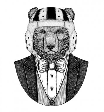 Boz ayı zarif rugby oyuncusu. Eski okul vintage rugby kask. Amerikan futbolu. Vintage tarzı gösterim amacıyla dövme, amblem, rozet, logo, yama, t-shirtler