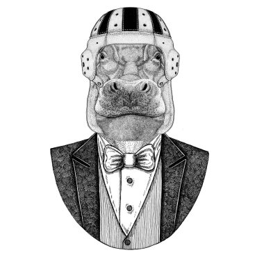 Su aygırı, su aygırı, behemoth, nehir-at zarif rugby oyuncusu. Eski okul vintage rugby kask. Amerikan futbolu. Vintage tarzı gösterim amacıyla dövme, amblem, rozet, logo, yama, t-shirtler
