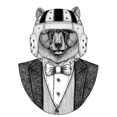 Siyah ayı Amerikan ayı zarif rugby oyuncusu. Eski okul vintage rugby kask. Amerikan futbolu. Vintage tarzı illüstrasyon dövme, amblem, rozet, logo, yama, t-shirt için