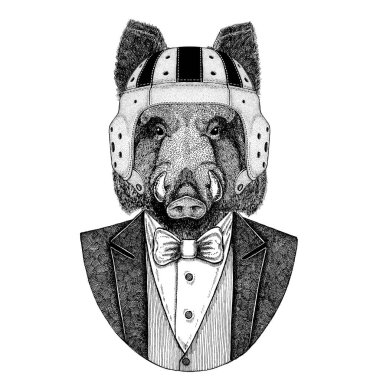 Aper, yaban domuzu, domuz, yaban domuzu zarif rugby oyuncusu. Eski okul vintage rugby kask. Amerikan futbolu. Vintage tarzı illüstrasyon dövme, amblem, rozet, logo, yama, t-shirt için