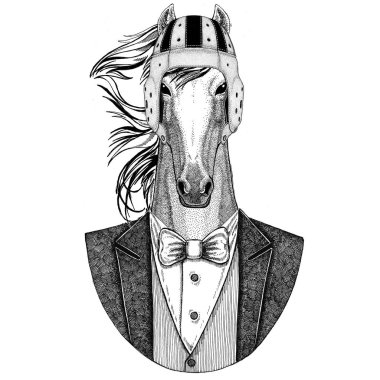 At, hoss, şövalye, at, ADİYAT zarif rugby oyuncusu. Eski okul vintage rugby kask. Amerikan futbolu. Vintage tarzı illüstrasyon dövme, amblem, rozet, logo, yama, t-shirt için