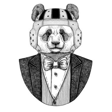 Ayı Panda, bambu ayı zarif rugby oyuncusu. Eski okul vintage rugby kask. Amerikan futbolu. Vintage tarzı illüstrasyon dövme, amblem, rozet, logo, yama, t-shirt için