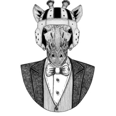Camelopard, zürafa zarif rugby oyuncusu. Eski okul vintage rugby kask. Amerikan futbolu. Vintage tarzı illüstrasyon dövme, amblem, rozet, logo, yama, t-shirt için